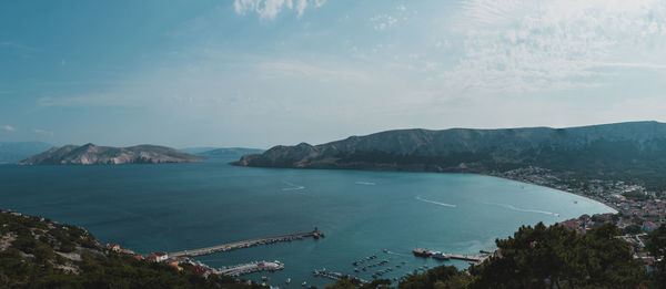 High angle view of bay against sky