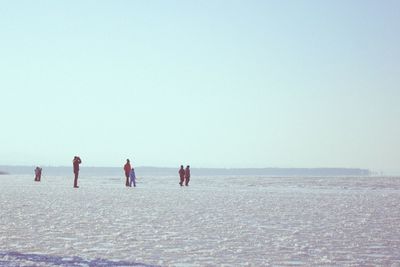 People walking on beach against clear sky