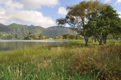 Scenic view of lake against cloudy sky