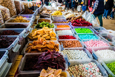 High angle view of food for sale at market stall