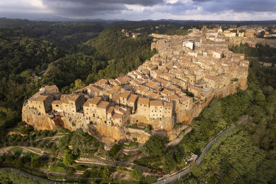Aerial photographic documentation of the ancient village of pitigliano the tuff city in italy