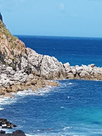 Scenic view of sea against clear blue sky