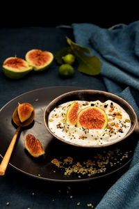 Close-up of breakfast served on table