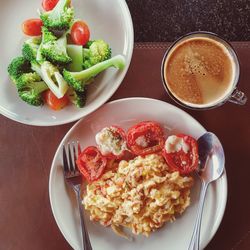 High angle view of breakfast served on table