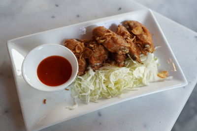 High angle view of food in plate