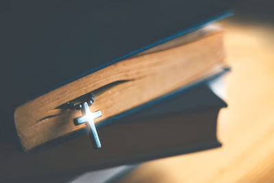 High angle view of illuminated lamp on table