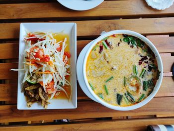 High angle view of food served on table