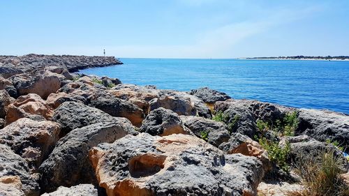 Scenic view of sea against blue sky