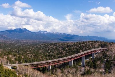 Panoramic view of bridge over mountains against sky