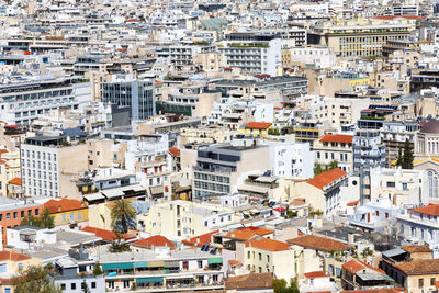 High angle view of houses in city