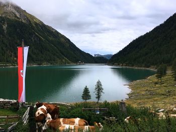 Scenic view of lake and mountains against sky