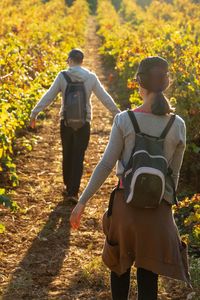 Rear view of couple walking on field