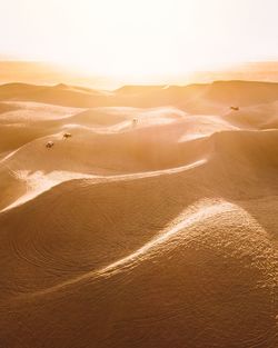 Bright sunlight shining over the dunes in glamis california as dune buggies race across the sand