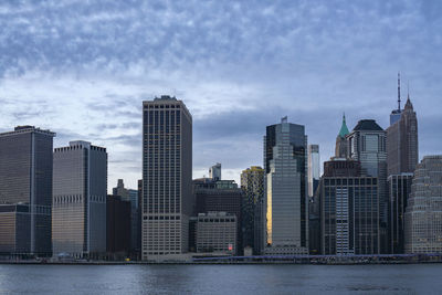 Skyline of financial district in new york city with modern office buildings