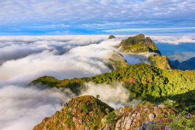 Scenic view of waterfall against sky