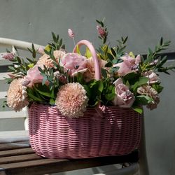 Close-up of pink flowering plant in basket