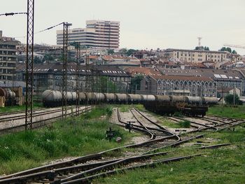 Railroad track seen through train window