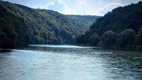 Scenic view of lake by trees against sky