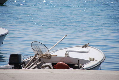 High angle view of ship moored in sea