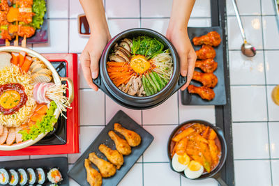 High angle view of food in plate on table