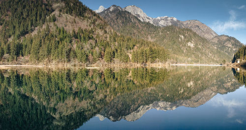 Scenic view of lake by mountains against sky