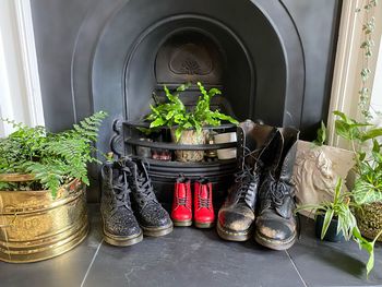 Close-up of potted plants in front of fireplace and dr marten boots. pregnancy announcement.