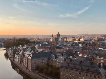 High angle view of townscape against sky at sunset