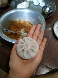 High angle view of person preparing food