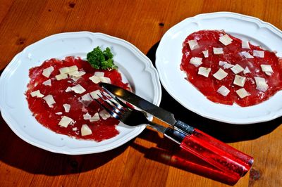 High angle view of dessert in plate on table