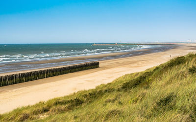 Scenic view of beach against clear blue sky