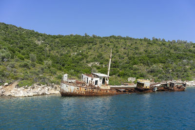 Scenic view of sea by trees against sky
