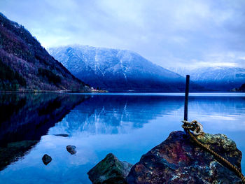 Scenic view of lake by mountains against sky