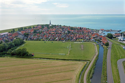 Aerial from the traditional village hindeloopen at the ijsselmeer in friesland the netherlands