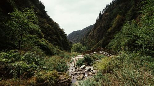 Arch bridge amidst trees and mountains against sky