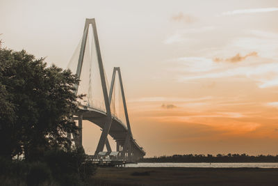 Bridge over river against sky during sunset