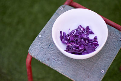 Close-up of red cabbage in bowl on table over field