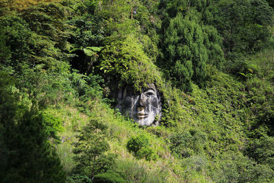 Carved faces of toar minahasa ancestral figure in bukit kasih complex.