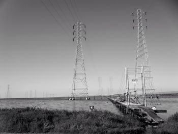 Low angle view of electricity pylons in river against sky