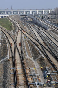 High angle view of railroad tracks in city