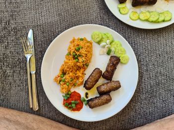 High angle view of breakfast served on table