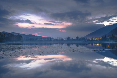 Scenic view of lake against sky during sunset