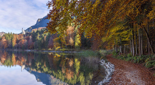 Trees by lake against sky during autumn