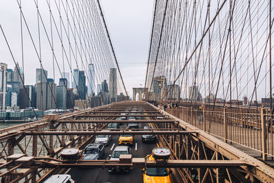 Low angle view of bridge against sky. brooklyn bridge, new york city.