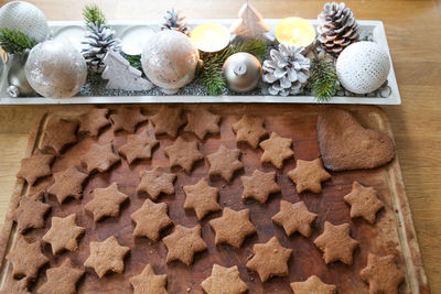 High angle view of cookies on table