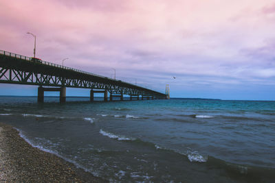 Pier over sea against sky during sunset