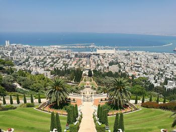 Baha i gardens against terraces of the shrine of the bab amidst city