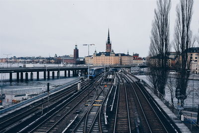 Railroad tracks in city against clear sky