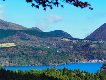 Scenic view of lake and mountains against sky