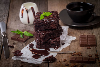 Close-up of chocolate cake on table