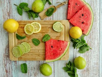 High angle view of chopped fruits on cutting board